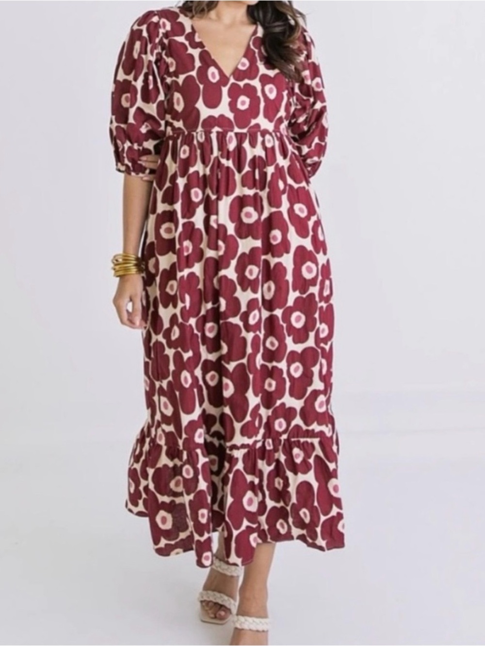 Karlie Burgundy and Cream Floral Maxi Dress